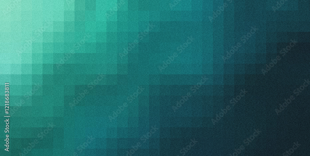 Poster abstract grainy teal green gradient background with geometric pixelated squares creating a textured 