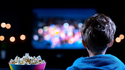 Child Enjoying Movie Night With Popcorn At Home