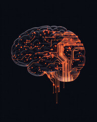 A creative depiction of a brain made up of interconnected digital nodes and circuits, symbolizing the fusion of human intelligence and artificial intelligence in Western thought,