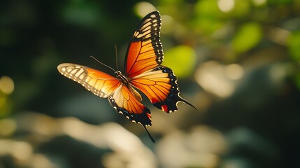 A vibrant butterfly in mid-flight, showcasing its colorful wings against a blurred background.