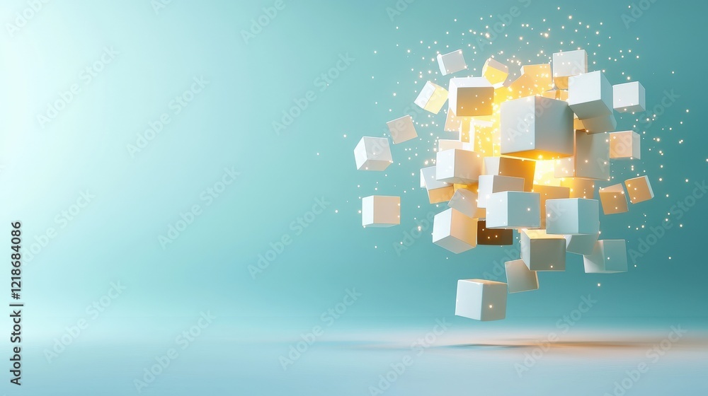 Poster abstract cube dissolving into glowing puzzle pieces on a gradient background