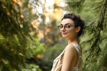 Naklejka premium Woman in Casual Attire Enjoys Nature in a Serene Forest Setting During Daylight