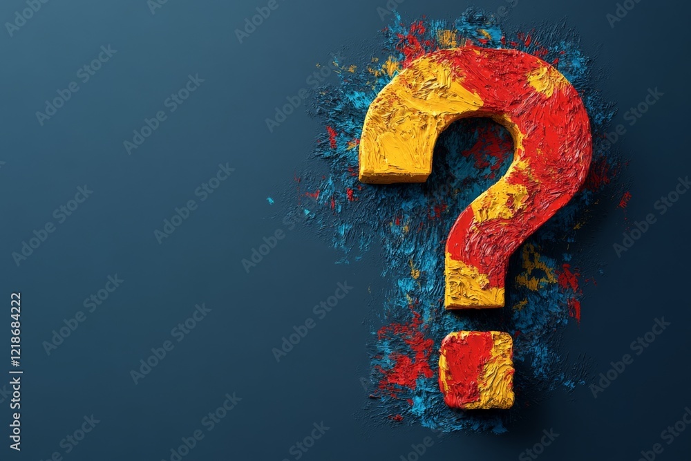 Aufkleber bright colored question mark symbol against a dark blue background with paint splashes creating a dy