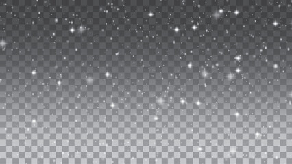 Falling snow particles blurred in motion on dark transparent background. Christmas snow dust. Vector illustration.