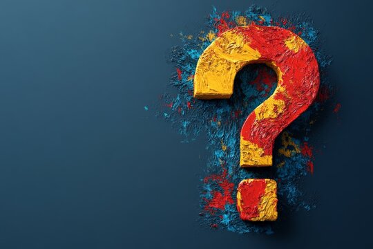Bright colored question mark symbol against a dark blue background with paint splashes creating a dynamic contrast