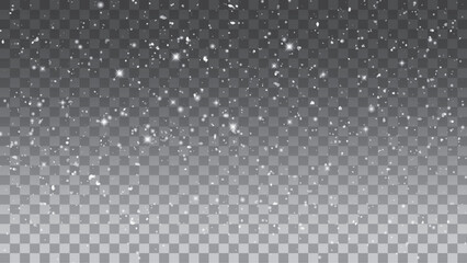 White snowflakes on a transparent background. Snow flakes, snow background. Heavy snowfall, snowflakes in different shapes and forms.