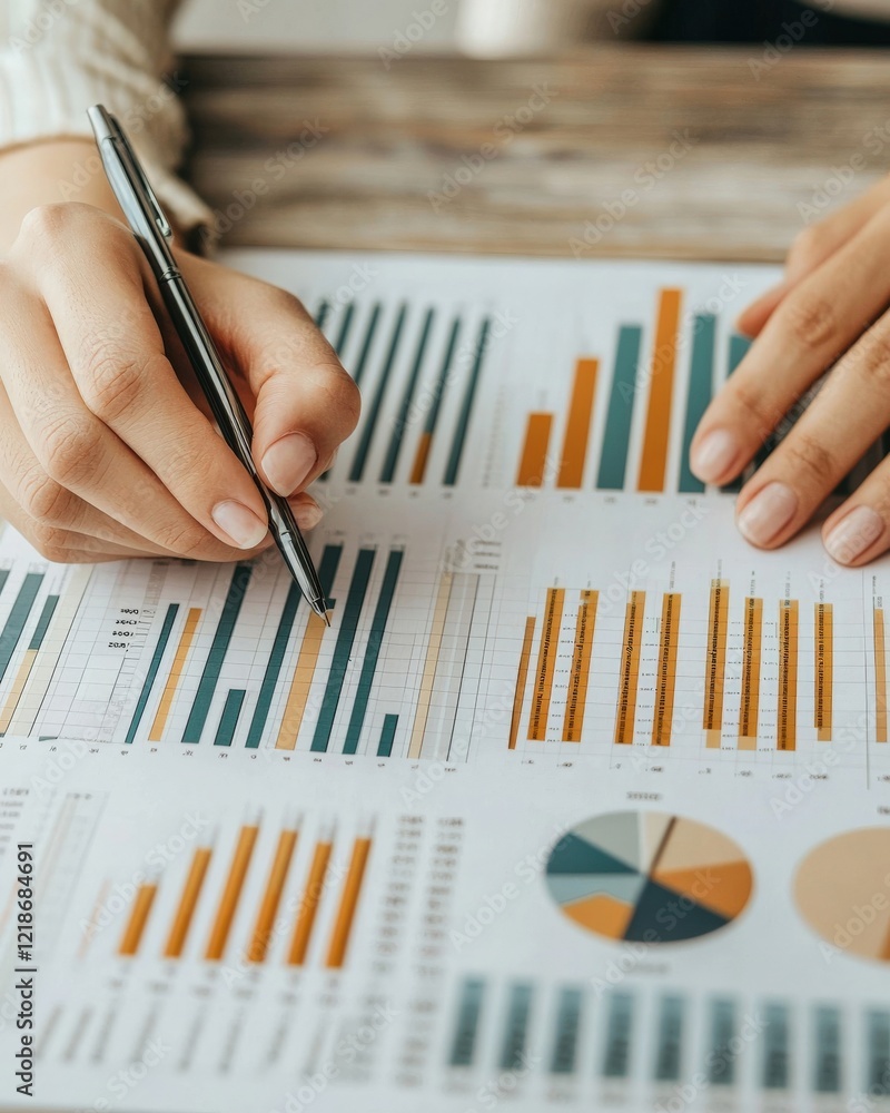 Poster detailed analysis of financial graphs and data presented on paper with a pen and hands at a desk
