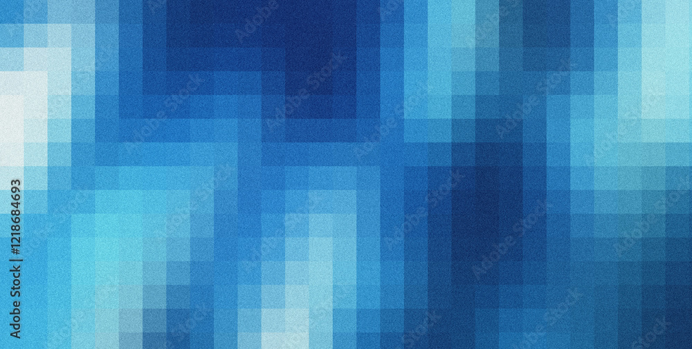 Poster grainy texture adds depth to a pixelated geometric design in shades of blue, creating an abstract ba
