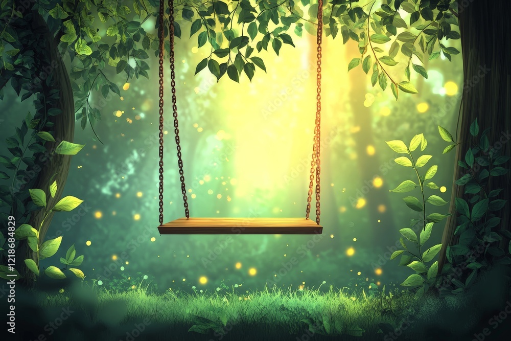 Aufkleber sunlight filters through trees illuminating a tranquil swing in a serene forest clearing