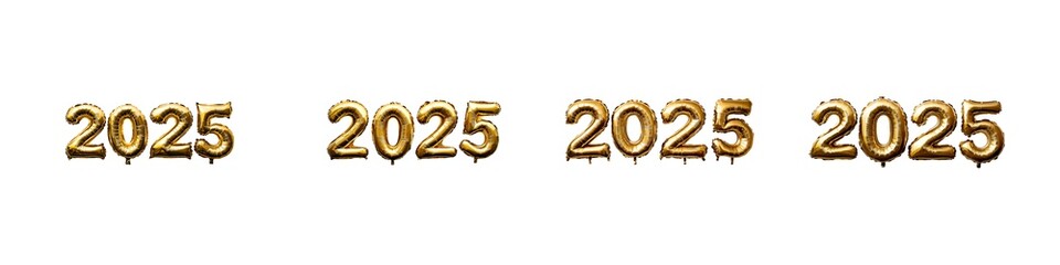 Obraz premium Set of gold foil balloons in the shape of numbers 2025, isolated on transparent background