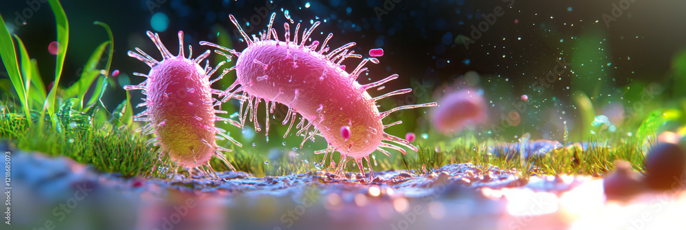 Poster a serene illustration of bacterial binary fission, showing a single bacterium splitting into two ide