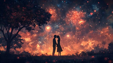 Fototapeta premium A silhouetted couple holding hands and kissing amidst fireworks on Valentine's Day, with a romantic, warm feeling. Perfect for Valentine's Day ads, greeting cards, or love-related campaigns.