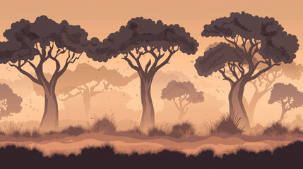 Flat design of trees fading into haze under soft mocha sky, creating serene atmosphere