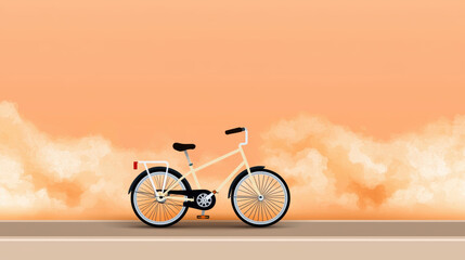 Fototapeta premium flat design of bicycle parked on road with orange background, evoking sense of calm and simplicity