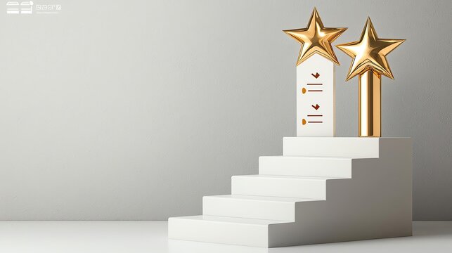 Golden star trophies on a podium symbolize achievement, success, and recognition in a professional setting.