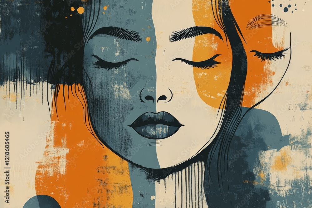 Poster artistic portrayal of two serene faces highlighting emotions and expressions in an abstract design