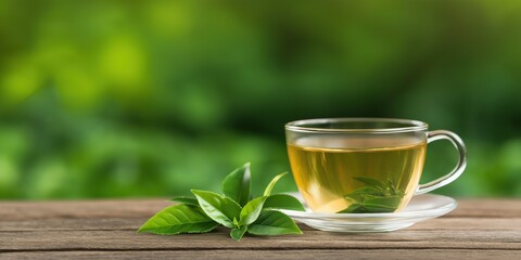 A cup of tea is sitting on a wooden table with a leaf on top of it. Concept of relaxation and calmness, as tea is often associated with these feelings