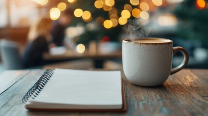 Obraz premium Cozy Coffee Moment with Notebook and Holiday Lights in a Warm Cafe Atmosphere