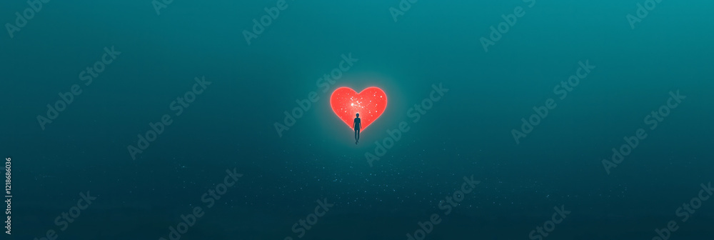 Poster a serene image of a person floating in space with a glowing heart containing a miniature universe, h