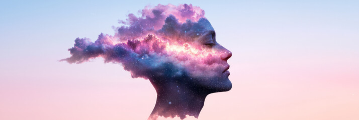 A creative digital artwork depicting a human figure merging with the cosmos, with galaxies and stars flowing seamlessly into their form, representing unity with the universe,