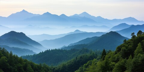 The mountains are covered in trees and the sky is blue. The mountains are very tall and the trees are lush and green