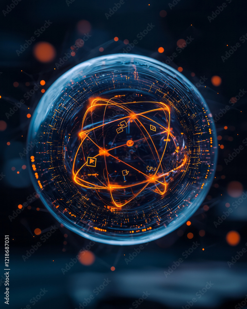 Poster a detailed close-up of a sphere embedded with atomic symbols and social media icons, showcasing the 