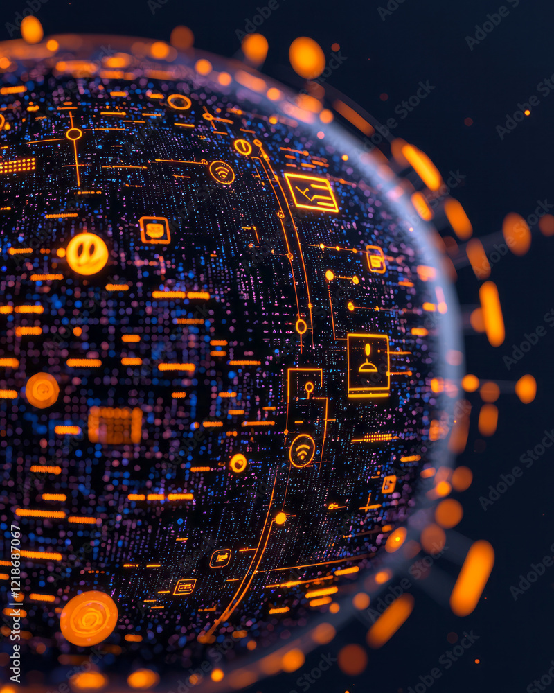 Poster a detailed close-up of a sphere embedded with atomic symbols and social media icons, showcasing the 