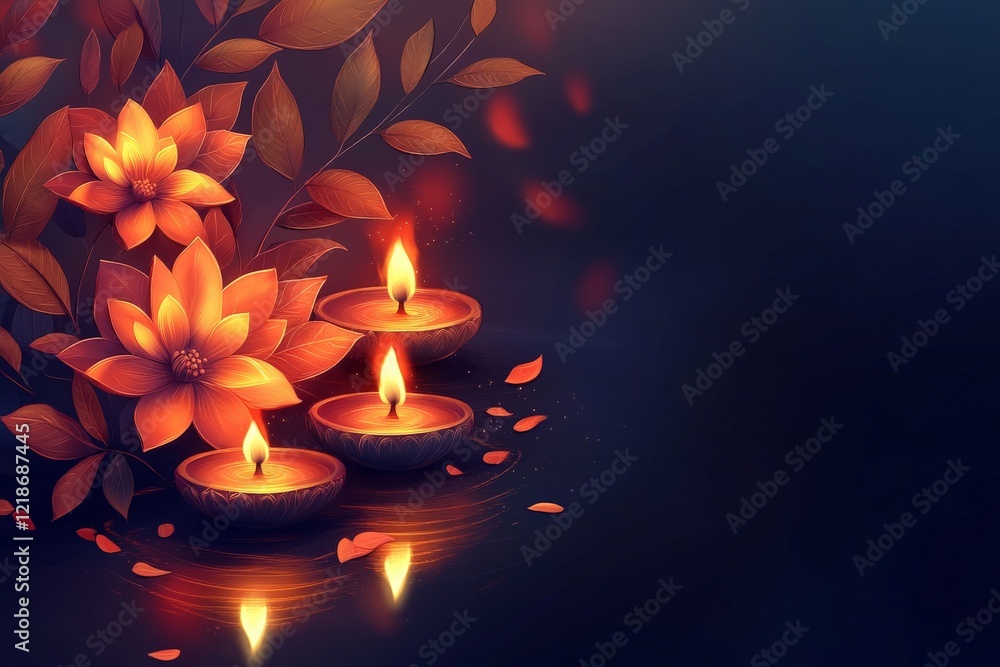 Poster festive display of illuminated candles and lotus flowers in a serene setting during the evening hour