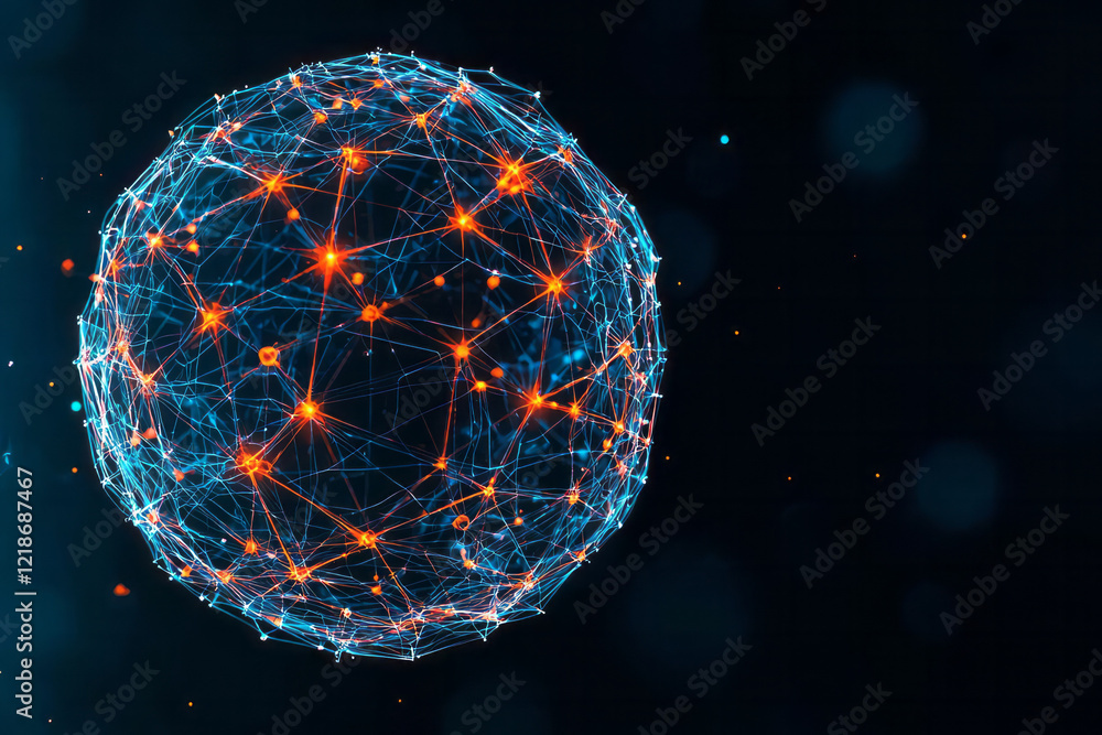 Poster an elegant illustration of a sphere network with atomic nodes, representing the foundational technol