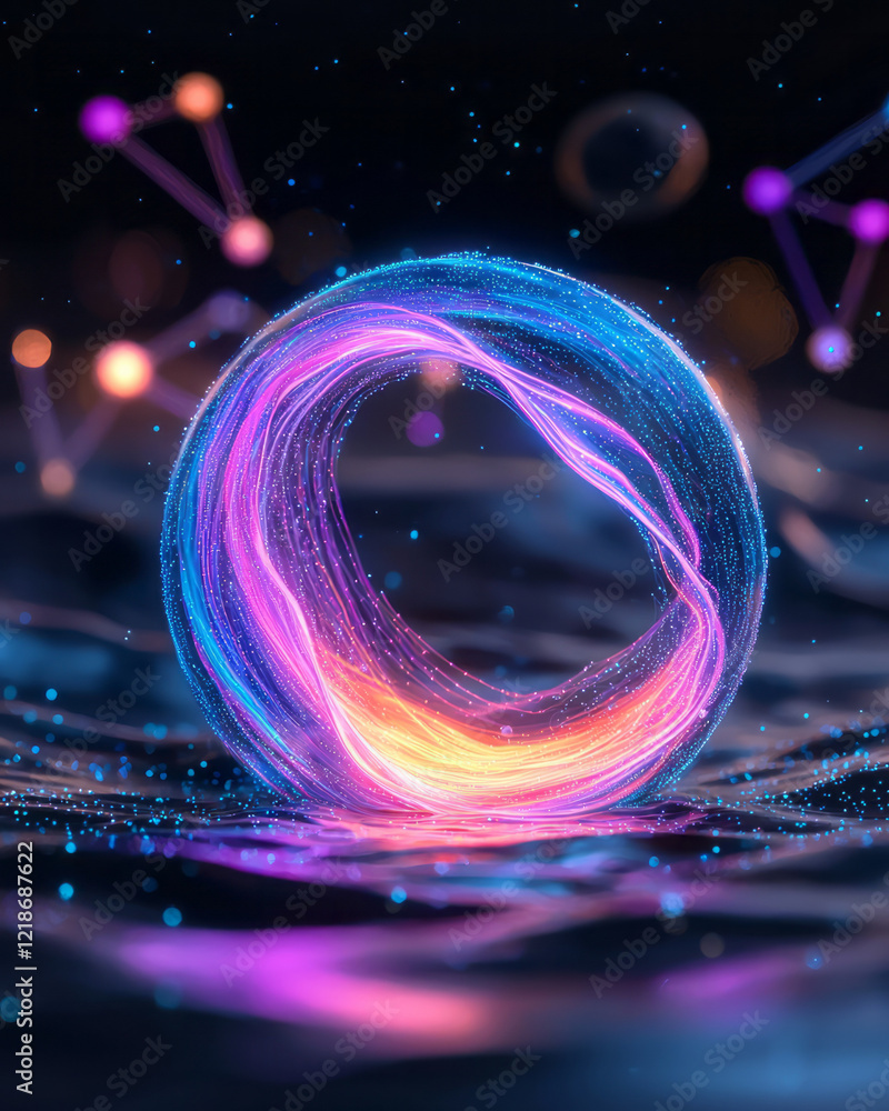 Poster a vibrant illustration of a social media platform interface within a glowing sphere, surrounded by d