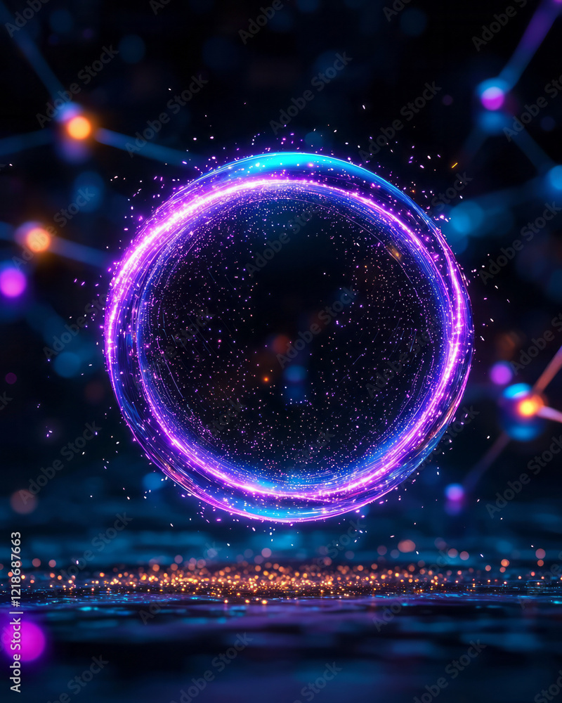 Poster a vibrant illustration of a social media platform interface within a glowing sphere, surrounded by d