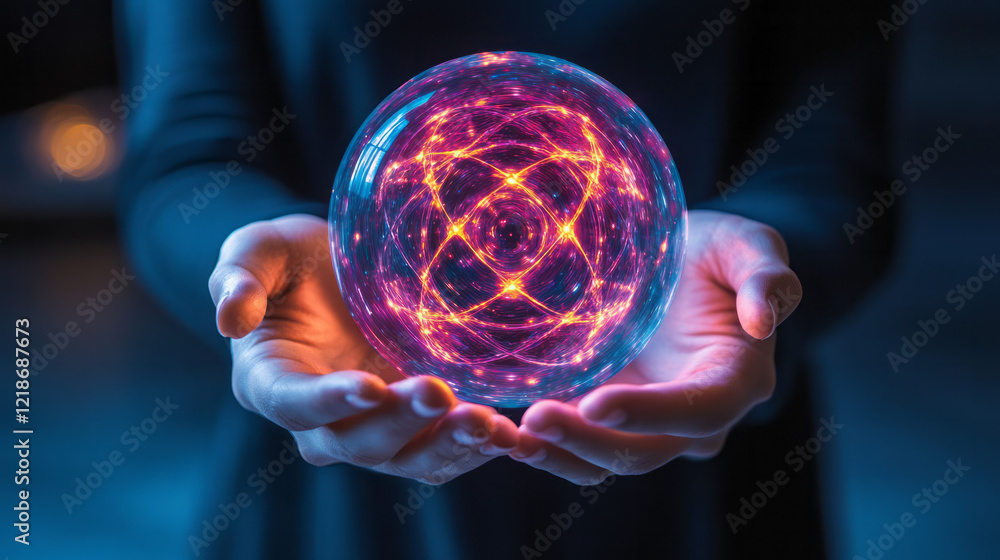 Poster an artistic portrayal of a person holding a spherical device with atomic patterns, using it to conne