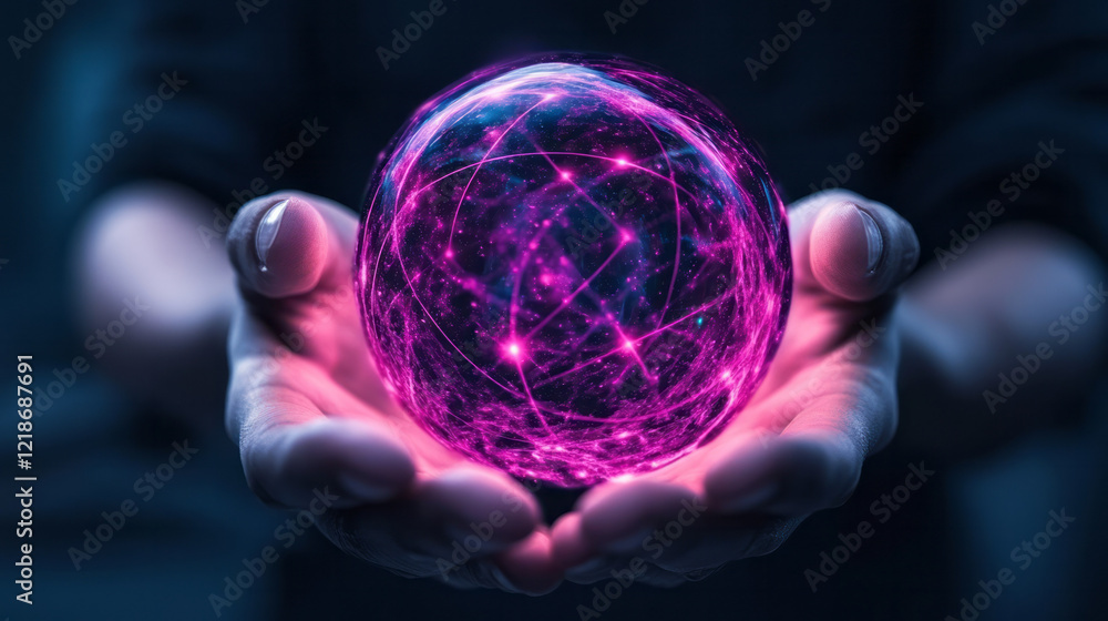Poster an artistic portrayal of a person holding a spherical device with atomic patterns, using it to conne