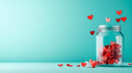 Delicate paper heart caught inside a transparent glass bottle representing a symbolic message in a bottle and the fragile nature of love and emotions, valentine's day greeting card