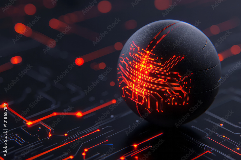 Poster a detailed close-up of a futuristic sphere with embedded atomic circuitry, representing the next gen