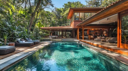 Fototapeta premium A contemporary luxury house with an expansive pool located in a prime location, perfectly blending elegance with nature.