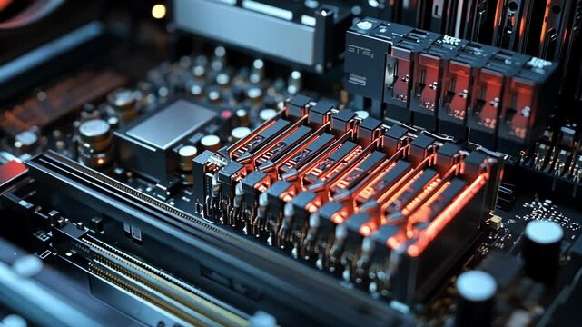 Closeup view of glowing red ram modules on a motherboard, emphasizing the intricate details of computer hardware and showcasing advanced technology in a dark, futuristic setting