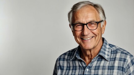 Obraz premium elderly caucasian male in casual wear on white background model portrait smiling for ad concept space for text
