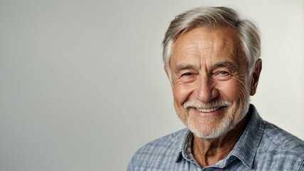 Obraz premium elderly caucasian male in casual wear on white background model portrait smiling for ad concept space for text