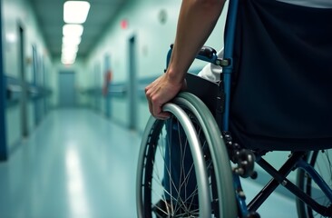 Obraz premium Disabled person holding wheel in a wheelchair in hospital for healthcare. Disabled, mobility problem and male person in a clinic for support and medical care with hands of patient and mockup