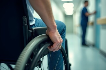 Disabled person holding wheel in a wheelchair in hospital for healthcare. Disabled, mobility problem and male person in a clinic for support and medical care with hands of patient and mockup
