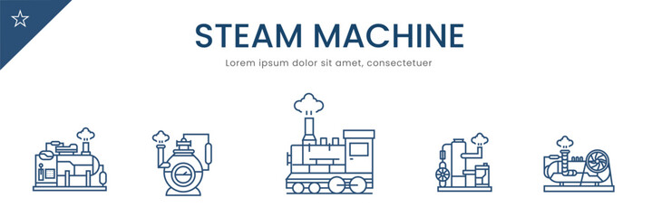 Stream Machine Icon Set . industrial, technology, train, locomotive, transportation,. Vector Illustration 