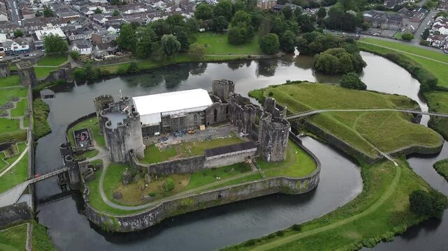 Aerial shot of medieval castle Caerphilly in Wales, august 2024.