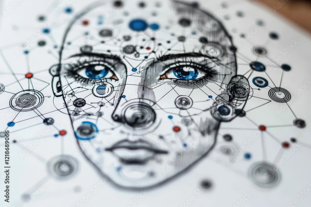 Poster intricate illustration of a face with digital connections representing artificial intelligence conce