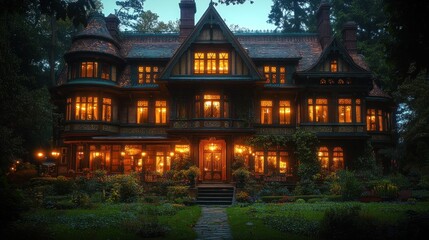 Obraz premium Illuminated Victorian mansion, night, garden, autumn