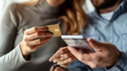 A couple is seen shopping online together, using a credit card on their smartphone. This scene signifies ecommerce, online payment, and the integration of technology in our daily lives