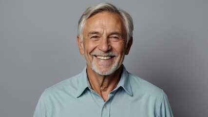 Obraz premium elderly caucasian male in casual wear on pastel color background model portrait smiling for ad concept space for text