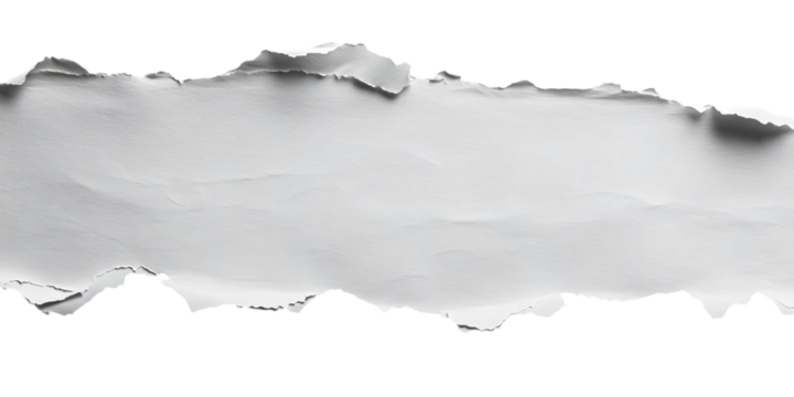 A horizontally oriented image showcases a piece of white paper with a torn and ragged edge against a transparent background, cut out, PNG 3D Digital Art, clip art. providing a blank space. - Powered by Adobe