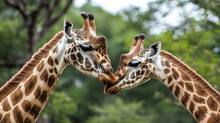 Love.Two giraffes are standing close to each other, one of which is licking the other