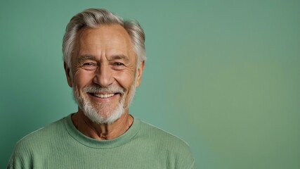 Obraz premium elderly caucasian male in casual wear on pastel color background model portrait smiling for ad concept space for text